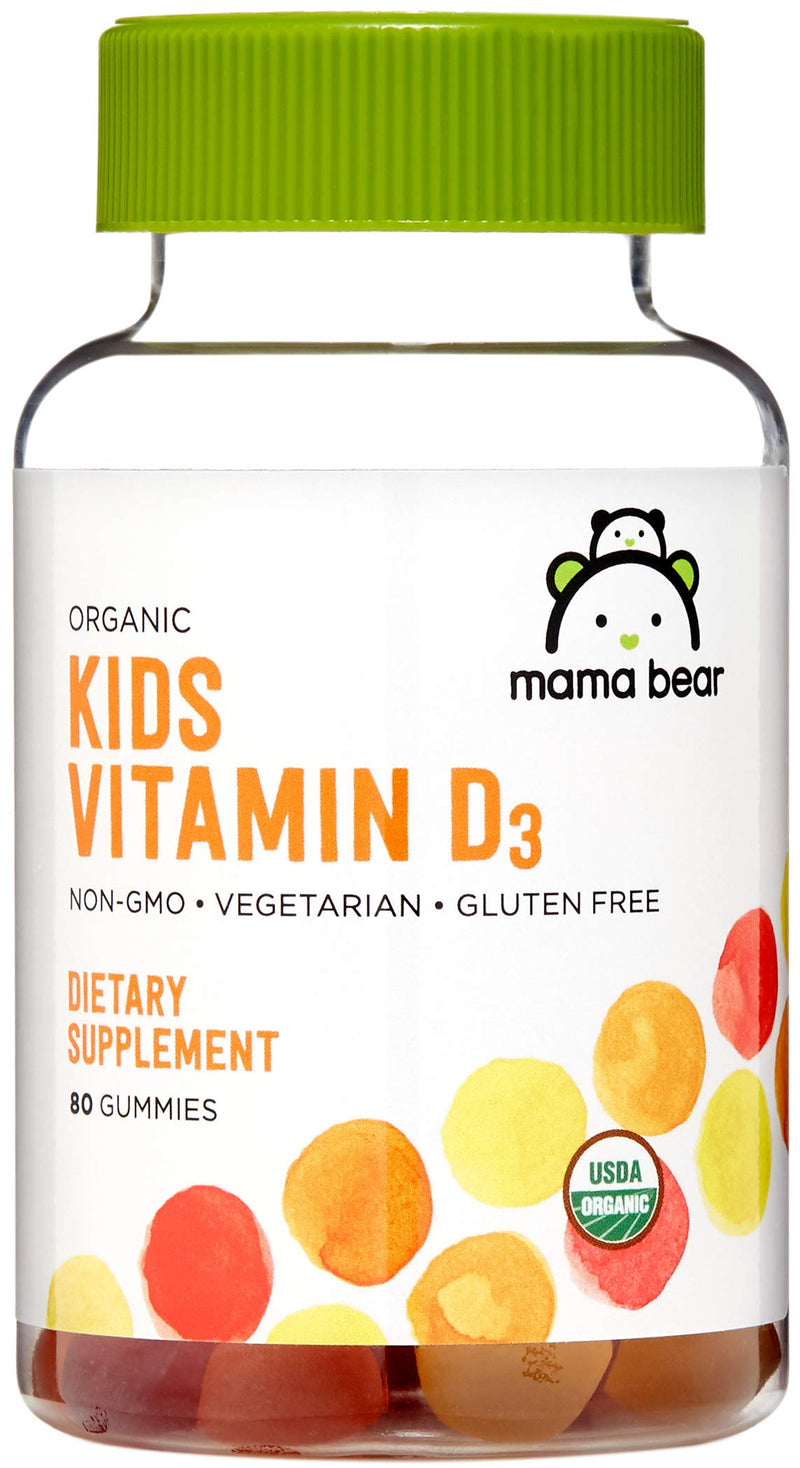 [Australia] - Amazon Brand - Mama Bear Organic Kids Vitamin D3 25 mcg (1000 IU) Gummies per serving, Bone and Immune Health, Strawberry, 80 Count 80 Count (Pack of 1) 