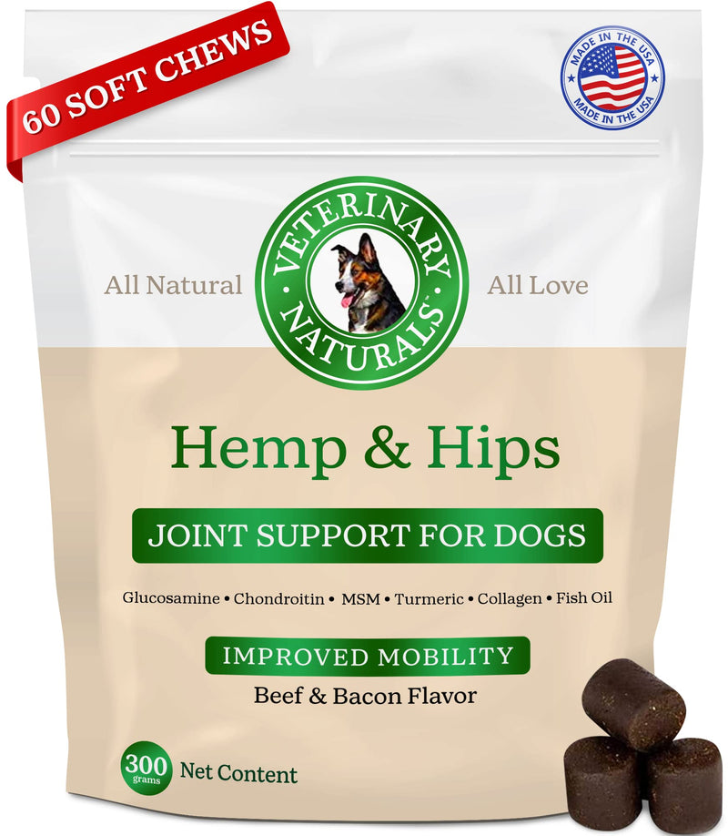Veterinary Naturals Hemp & HIPS Joint Supplement for Dogs - 60 Soft Chews for Dog Hip and Joint Supplement with Glucosamine for Dogs, MSM, & Turmeric (Beef & Bacon) Beef & Bacon Regular - PawsPlanet Australia