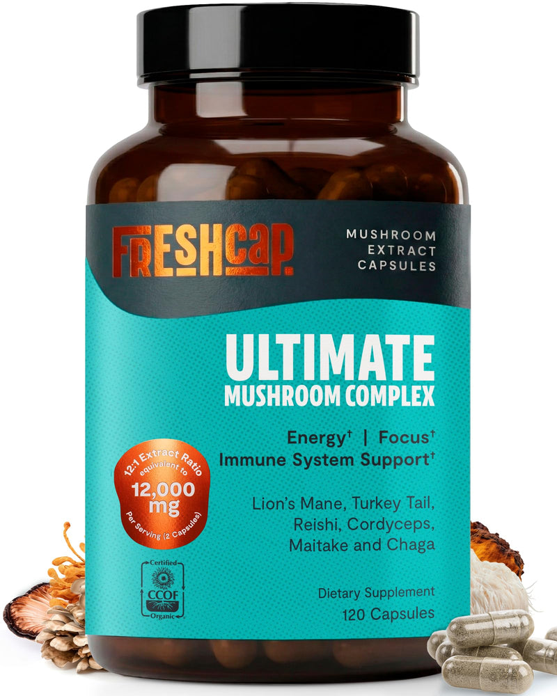 FreshCap Mushrooms Premium Organic Ultimate Mushroom Supplement - 12:1 Fruiting Body Extract with 29% Beta-Glucans - 3rd-Party Tested Nootropic for Energy, Focus & Immune Support (120 Capsules) 120 Count