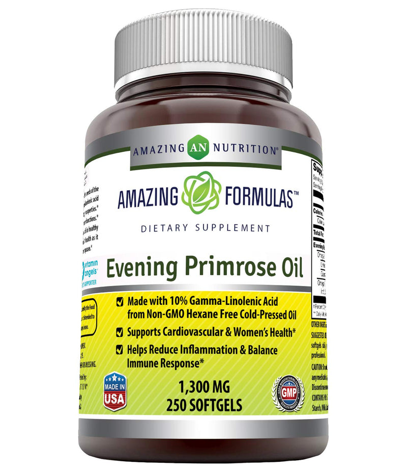 [Australia] - Amazing Formulas Evening Primrose Oil 1300mg, 10% GLA, Softgels Supplement | Hexane Free Cold Pressed Oil | Non-GMO | Gluten Free (250 Count) 250 Count 