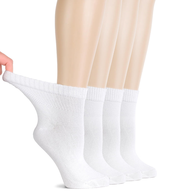 [Australia] - Hugh Ugoli Diabetic Socks for Women, Super Soft, Thin Bamboo Ankle Socks, Wide, Loose, Non-Binding Top, Seamless Toe, 4 Pairs 10-12 01- White (4 Pairs) 