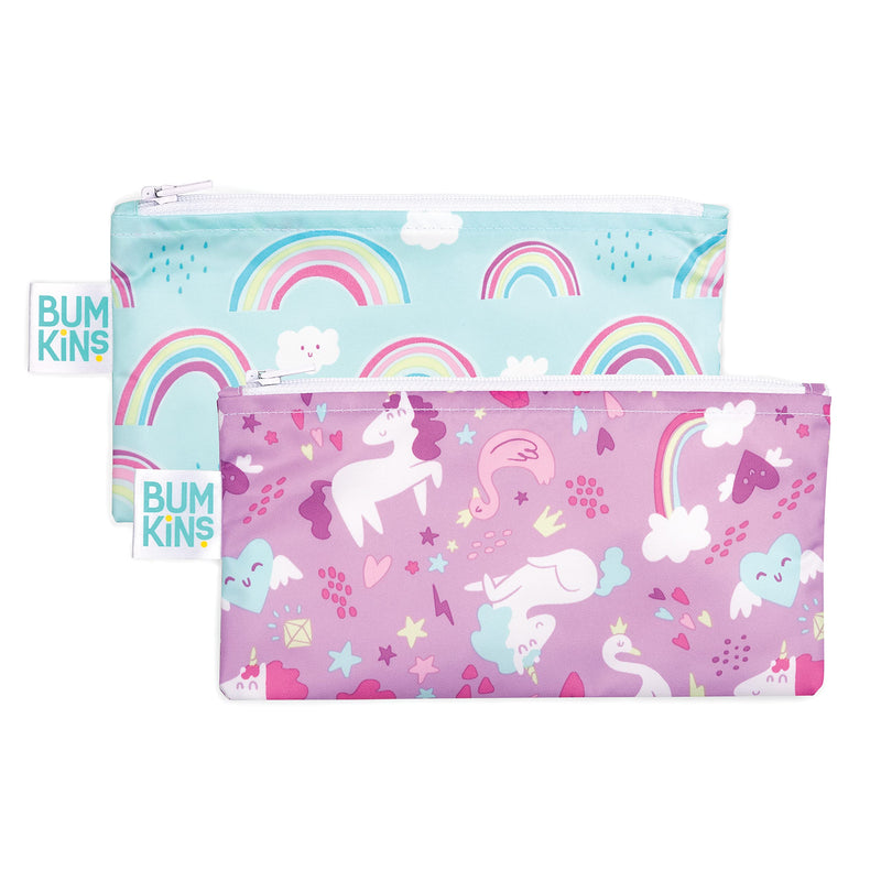 [Australia] - Bumkins Reusable Snack Bags, for Kids School Lunch and for Adults Portion, Washable Fabric, Waterproof Cloth Zip Bag, Supplies Travel Pouch, Food-Safe, 2-pk Unicorns and Rainbows G2 Unicorns & Rainbows-Sm Snack Bag 2-pk 