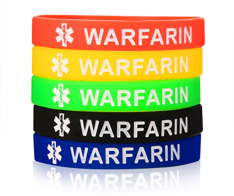 [Australia] - 5 Pcs Medical Alert Silicone Bracelets Wristband for Men Women Type 1/2 Diabetes Warfarin Blood Thinner,7.5" 