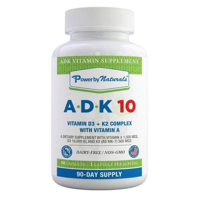 Power By Naturals ADK 10 Vitamin Supplement – Vitamins A, D3 & K2 MK-7 for Bone, Heart & Immune Health – Gluten-Free, Soy-Free – 90 Capsules (3-Month Supply) 90 Count (Pack of 1)