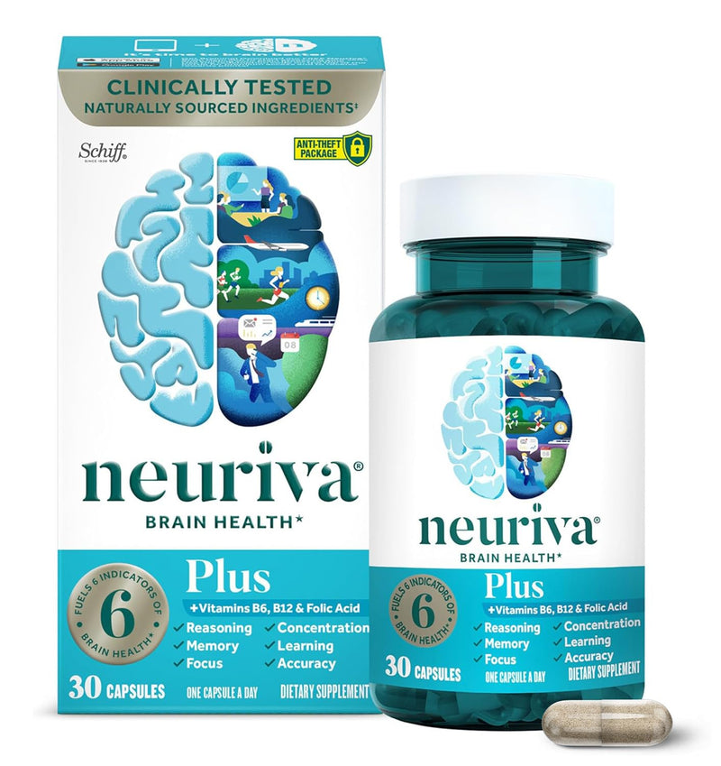 NEURIVA Plus Brain Supplements for Memory and Focus, Clinically Tested Nootropics Neurofactor and Phosphatidylserine, with Vitamin B12, Vitamin B6 and Folic Acid, 30 Count Capsules | Brain Supplements for Memory and Focus, Phosphatidylserine, Vitamin B...