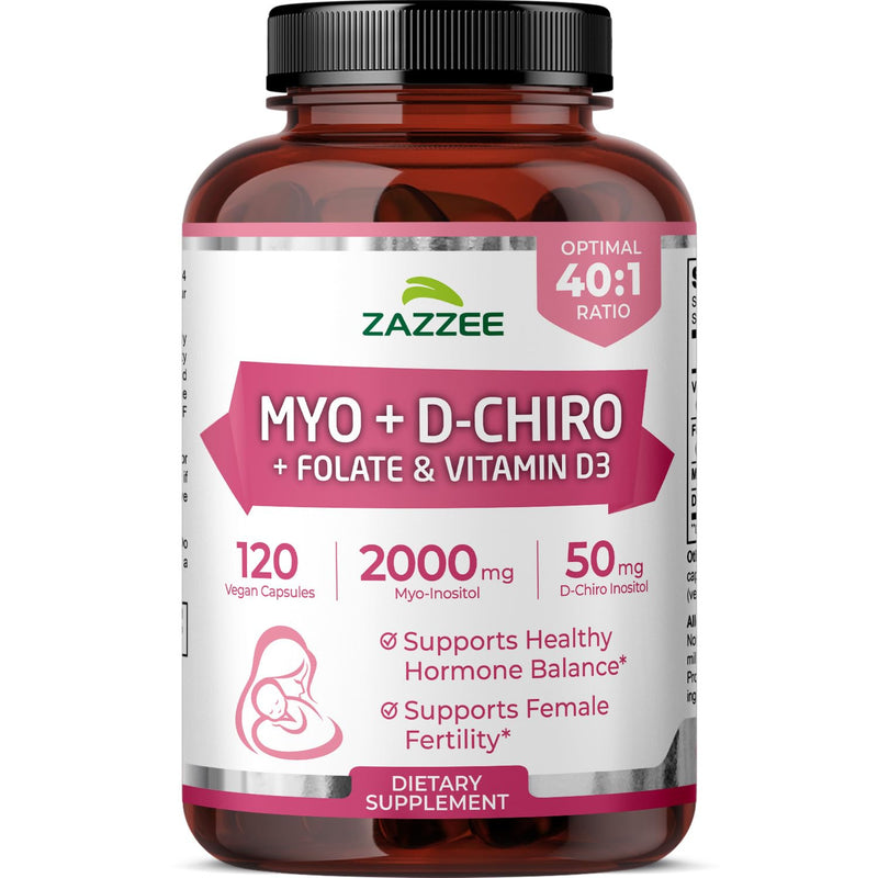 Zazzee Myo & D-Chiro Inositol Ideal 40:1 Ratio with Vitamin D3 & Folate | 120 Vegan Capsules, Hormonal Balance & Cycle Support for Women, Women’s Health Supplement, Non-GMO, Made in the USA 120 Count (Pack of 1)