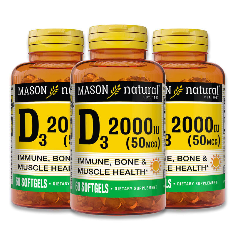 MASON NATURAL Vitamin D3 2000 IU Ultra Strength, 180 Day Supply | 50mcg (2000 IU) D3 from fish liver oil to support calcium absorption, strong bones, teeth & immune function; 180 softgels 60 Count (Pack of 3)