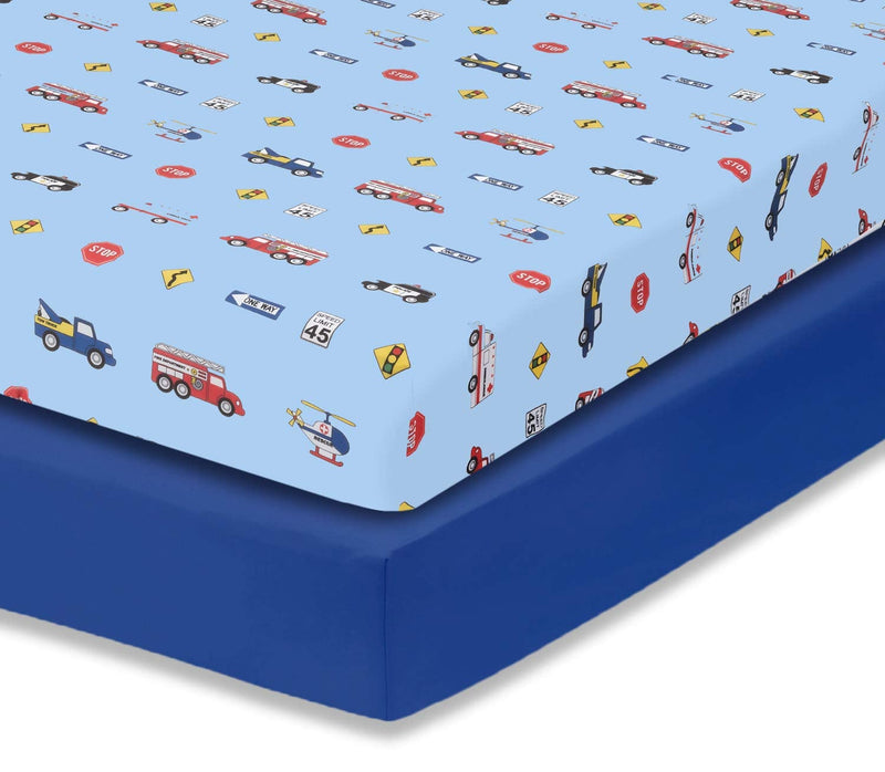 [Australia] - Everyday Kids 2 Pack Fitted Boys Crib Sheet, 100% Soft Breathable Microfiber Baby Sheet, Fits Standard Size Crib Mattress 28in x 52in, Nursery Sheet - Rescue/Blue 2 Pack - Rescue/Blue 