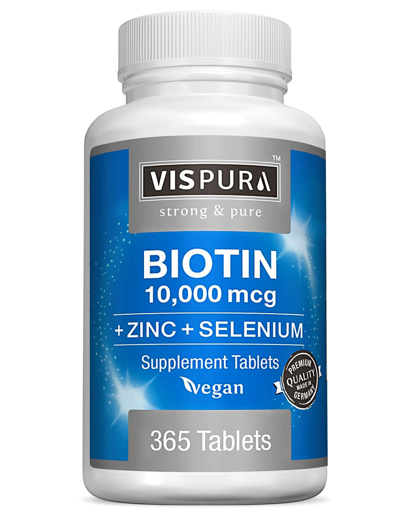 [Australia] - Biotin 10000 mcg + Zinc + Selenium, Pure, Vegan & Extra Strong, Best Supplement for Hair Growth, Glowing Skin, Strong Nails*, 365 Tablets for 12 Months, Natural Without Additives 365 Count (Pack of 1) 