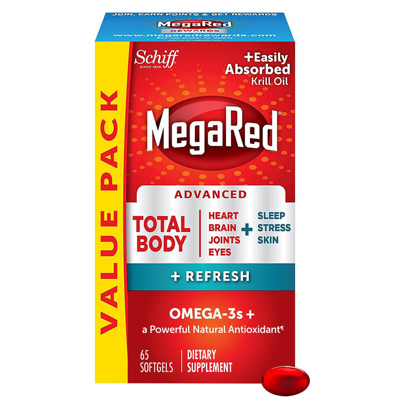 MegaRed Omega-3 Blend Total Body + Refresh 500mg Softgels, (65 Count in a Bottle), Easily Absorbed Krill Oil, to Support Your Heart, Joints, Brain & Eyes | Fish Oil + Krill Oil Softgels, EPA & DHA, Heart, Brain, Joint & Eye Support, Restful sleep, Stre...