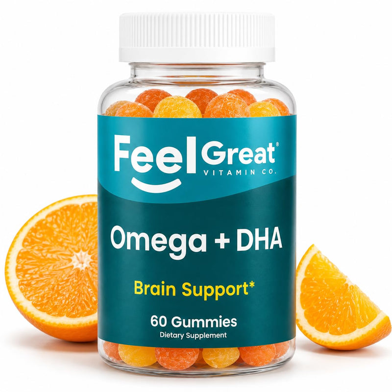 Feel Great Omega 3 6 9 + DHA Gummies for Kids & Adults, Vegetarian, 60ct | Plant-Based Omega 3 6 9 + DHA for Brain & Immune Support, Vitamin C & Chia, Fish Oil Alternative, Vegetarian, Gluten-Free