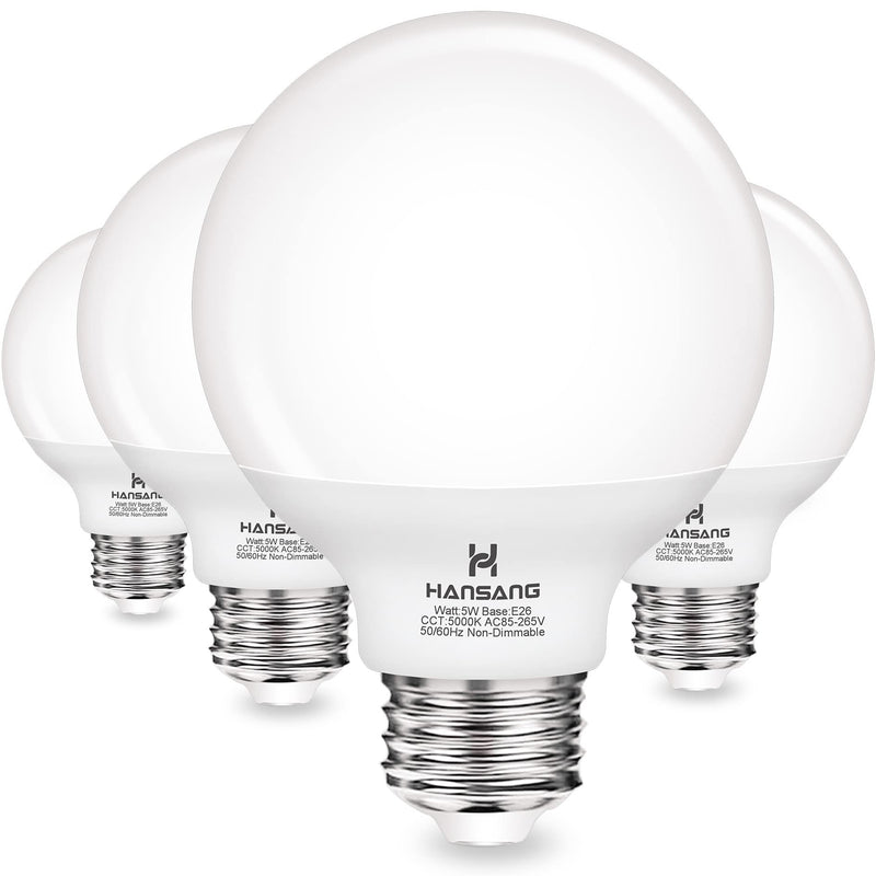 [Australia] - hansang G25 LED Globe Light Bulbs, 60W Equivalent, 5000K Daylight Bathroom, E26 Base, Eye-Friendly Vanity Round, Perfect for Vanity Makeup Mirror, 120V CRI85+ Non-Dimmable 4Pack 5000k(bright Dayligh) 4 Count (Pack of 1) 