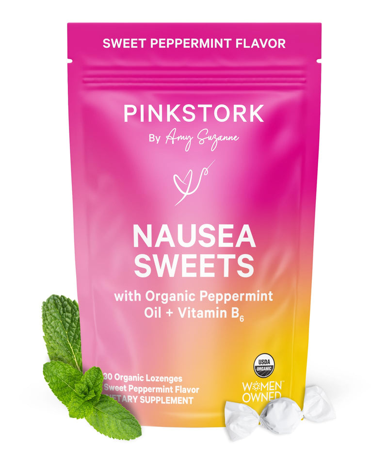 Pink Stork Organic Peppermint Sweets, Peppermint, 30 Candies | Morning Sickness Support, Motion Sickness Support, Added Vitamin B6, 1st Trimester Pregnancy Must Haves, Wrapped Mint