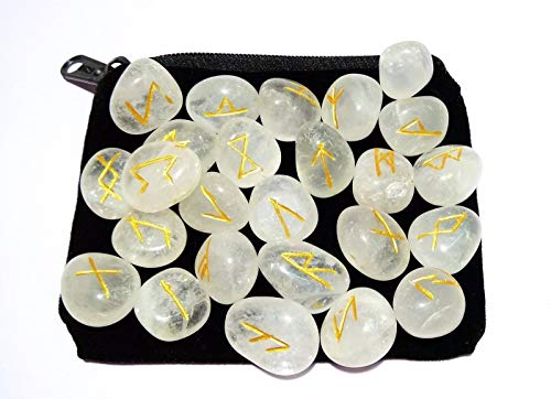 WholesaleGemShop Clear Quartz Rune Set in Multi Gemstones with Velvet Bag