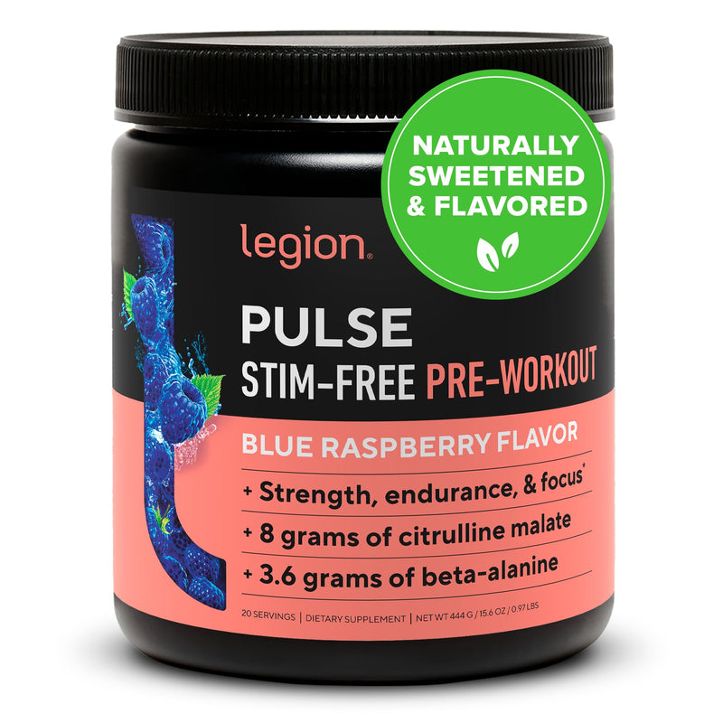 [Australia] - LEGION Pulse Pre Workout Supplement - All Natural Nitric Oxide Preworkout Drink to Boost Energy, Creatine Free, Naturally Sweetened, Beta Alanine, Citrulline, Alpha GPC (Caffeine Free Blue Razz) Blue Raspberry 