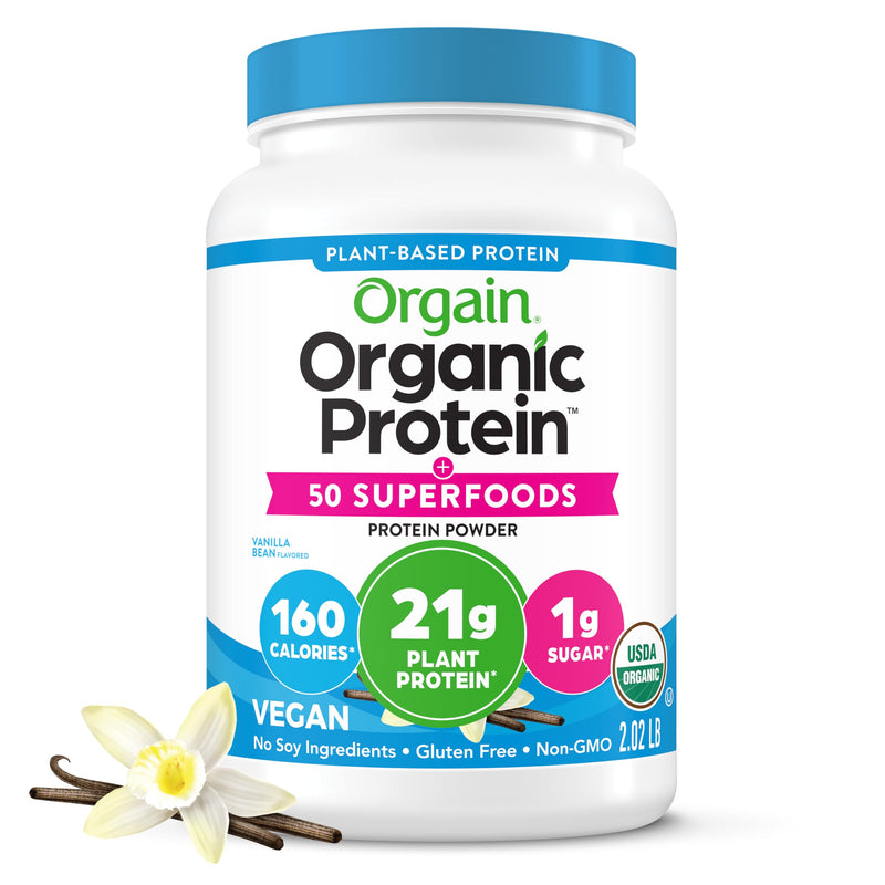 Orgain Organic Vegan 21g Protein + Superfoods Powder, Vanilla Bean, 2.02lb | Plant based protein, 50 superfoods, 8g prebiotic fiber, gluten free, no added sugar, non-GMO, no lactose ingredients 2.02 Pound (Pack of 1)