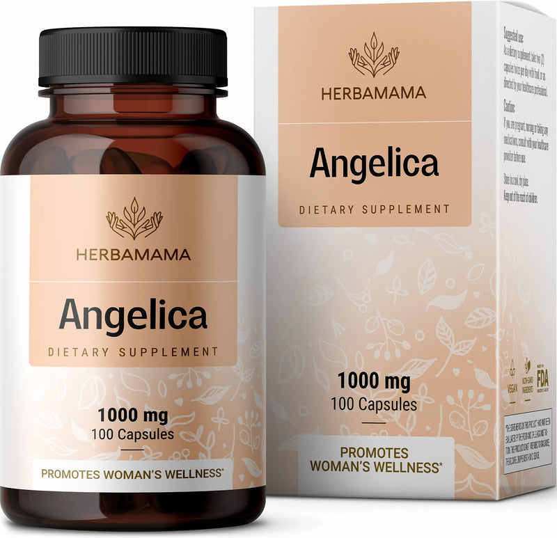 [Australia] - HERBAMAMA Angelica Root Capsules - Organic Dong Quai Root Capsules - Angelica Root Powder Vegan Supplement - Dong Quai Herb Pills - 1000mg 100 Caps 