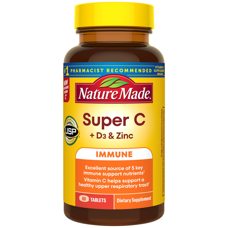Nature Made Super C Tablets with Vitamin D3 and Zinc, 60 Tablets | Adult Vitamin C Immune Support Supplement, For Daily Immune Support and Antioxidant Support, 60 Day Supply Unflavored 60 Count (Pack of 1)