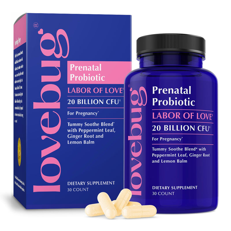 LOVEBUG Prenatal Probiotic | Helps with Morning Sickness, Nausea, Heartburn & Digestion | Helps Baby Microbiome | Multi Strain 20 Billion CFU | 30 Capsules 30 Count (Pack of 1)