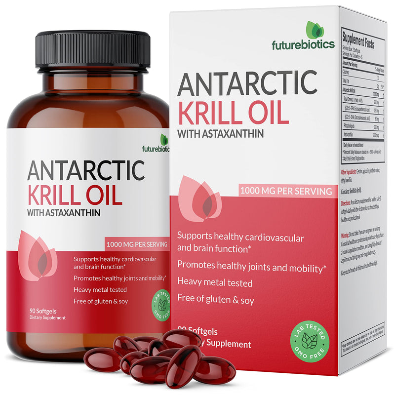 [Australia] - Futurebiotics Antarctic Krill Oil 1000mg with Omega-3s EPA, DHA, Astaxanthin and Phospholipids - Premium Krill Oil Heavy Metal Tested, Non GMO – 90 Softgels (45 Servings) 90 Count (Pack of 1) 