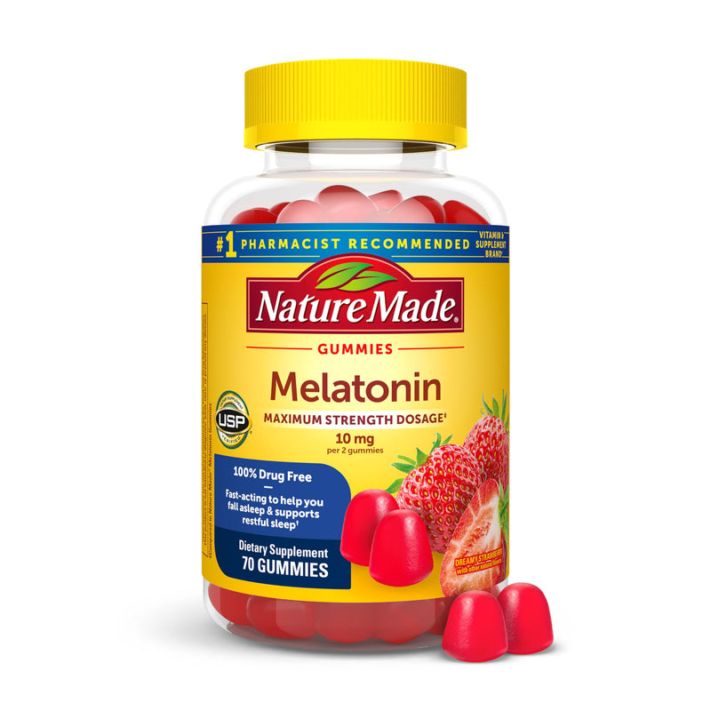Nature Made Melatonin 10 mg per Serving Gummies, 70 Melatonin Gummies Strawberry 70 Count (Pack of 1)