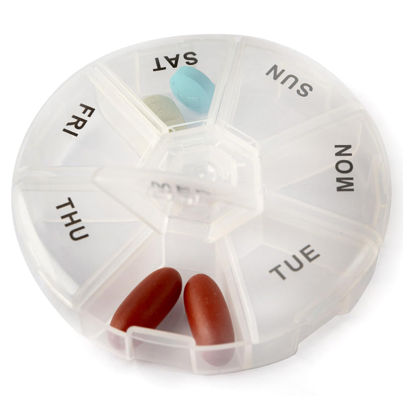 Deke Home - Round Portable Pill Box, Medicine Planner, Small 7 Day Weekly Travel Container, Medication, Vitamin Holder, Pillbox Organizer, Pill Dispenser, Daily Sorter & Reminder, BPA Free Clear 1 Count (Pack of 1)