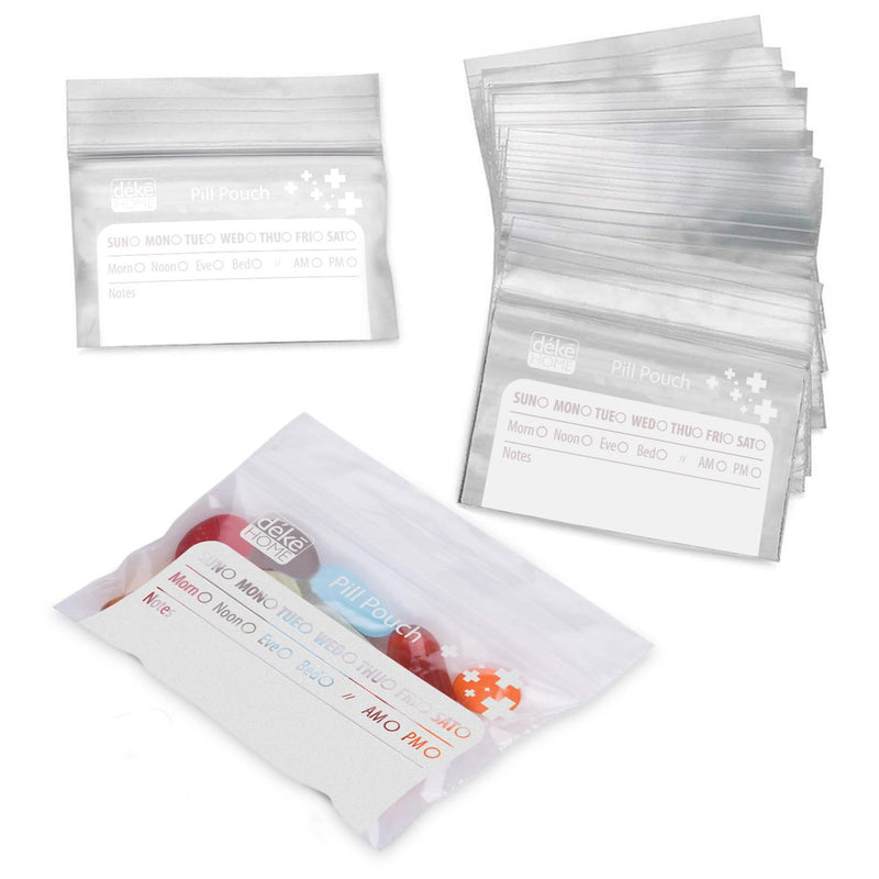 Deke Home - 100 Pack Clear Resealable Pill Bags (4x2.75 in), Travel Medicine Pouches with Write-On Label, BPA-Free Disposable Pill Organizer for Medications, Vitamins & Supplements 100 Count (Pack of 1)