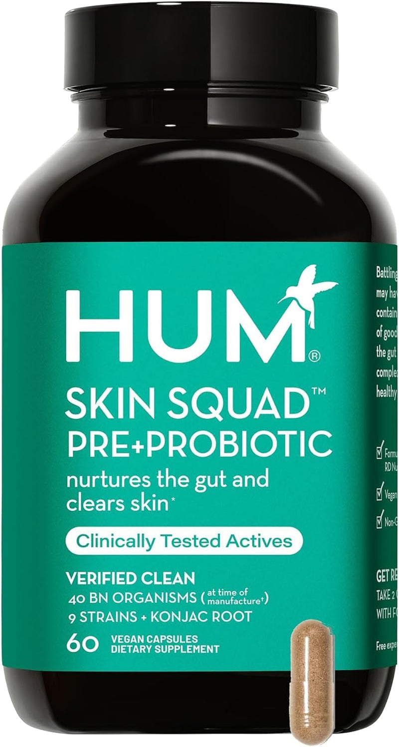 [Australia] - HUM Skin Squad - Probiotic Supplement for Clear Skin & Gut Health - Microbiome Probiotics for Problem Skin & Breakouts (60 Vegan Capsules, 30 Day Supply) 
