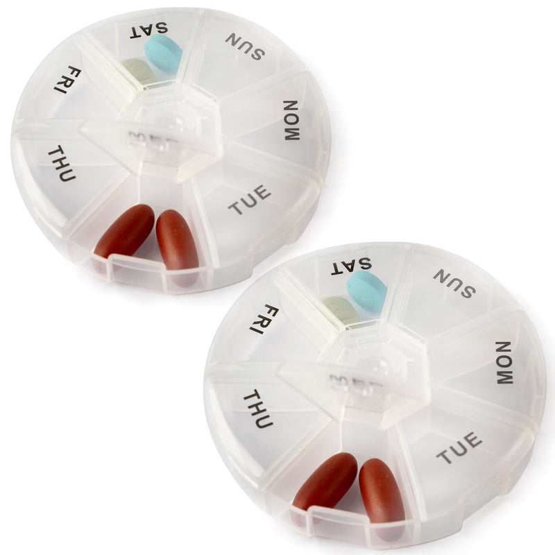 Deke Home - Round Portable Pill Box (2 Pack), Medicine Planner, Small 7 Day Weekly Travel Container, Medication, Vitamin Holder, Pillbox Organizer, Pill Dispenser, Daily Sorter & Reminder, BPA Free Clear 2 Count (Pack of 1)