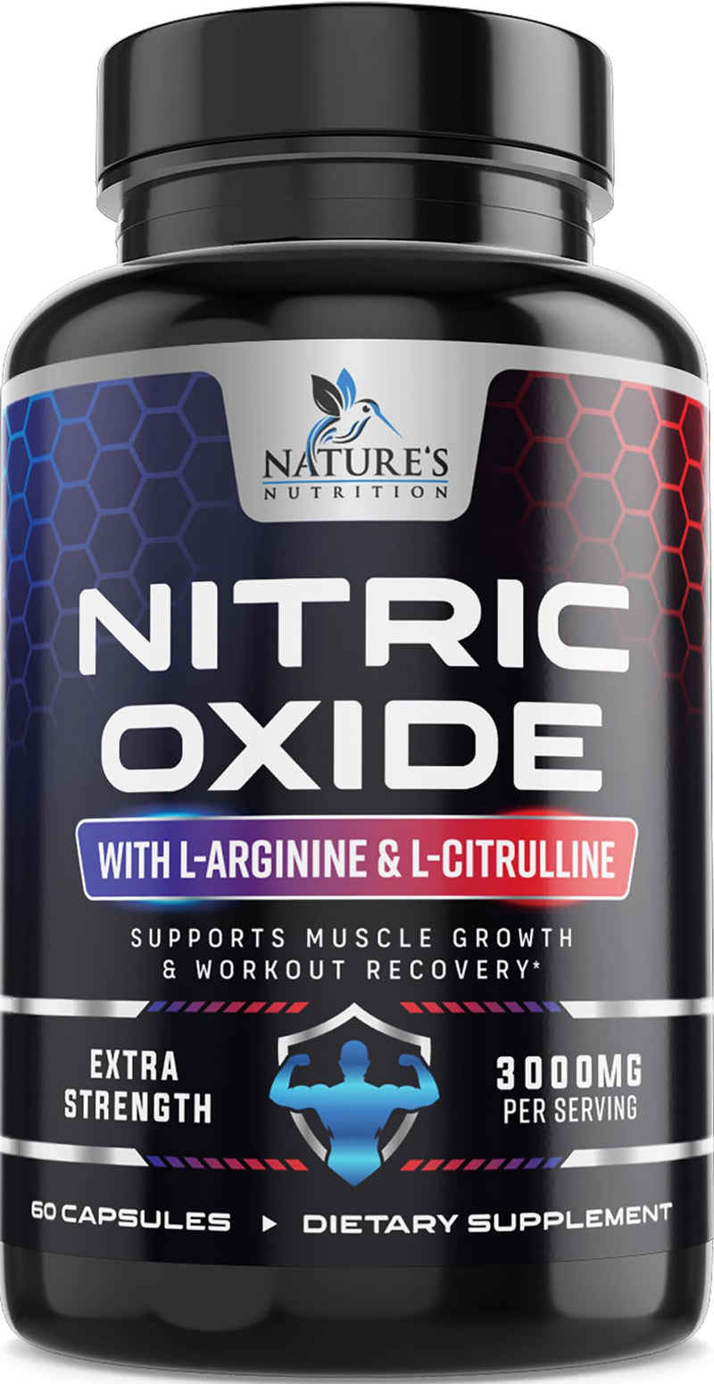 Nitric Oxide Booster Extra Strength - 3X Strength L-Arginine & Citrulline Supplement - Best Nitric Oxide Supplements for Men - Supports Muscle, Heart Health, Energy - Bottled in USA - 60 Capsules 60 Count (Pack of 1)