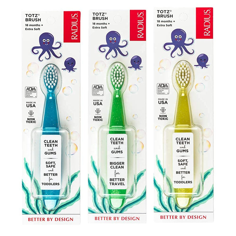 RADIUS Children's Toothbrush, Totz Brush, Extra Soft Bristles, Blue/Green/Yellow, BPA Free & ADA Accepted, Designed for Delicate Teeth & Gums for Children 18 Months & Up, Pack of 3 3 Count (Pack of 1)