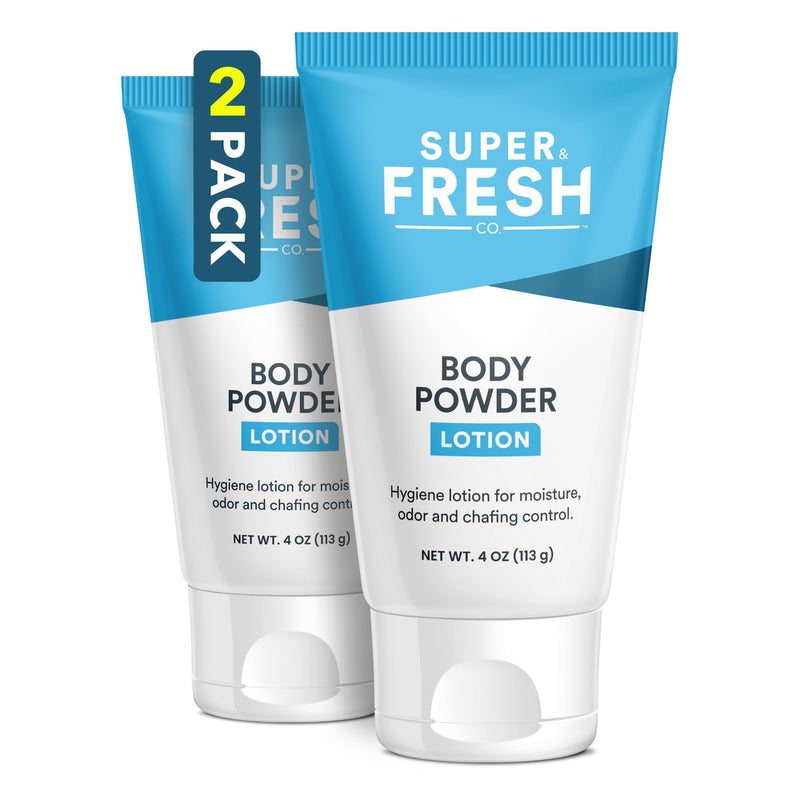 Super Fresh Body Powder Lotion, Talc Free Anti-Chafing, No Mess, 4oz 2-Pack | Talc Free Anti Chafing Deodorizing No Mess Body Powder Cream, Men and Women Natural, Sweat and Odor Protection 4 fl oz 2-Pack 4 Fl Oz (Pack of 2)
