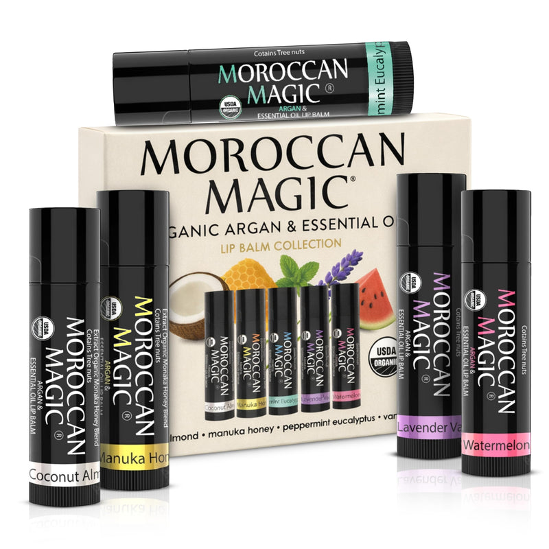 Moroccan Magic Organic Lip Balm 5 Piece Variety Pack Gift Set | Ultra-Hydrating Argan & Essential Oil Lip Moisturizer + Vitamin E | Smooth | Natural | Non-Toxic | Cruelty Free | 5 Pack | Ultra-Hydrating Lip Balms & Moisturizers | Non-Toxic Lip Care for...