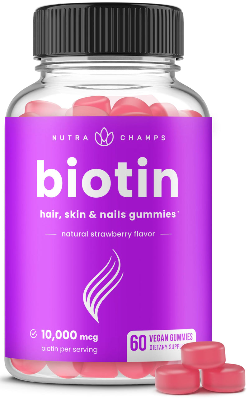 NutraChamps Biotin Gummies 10000mcg [High Potency] for Healthy Hair, Skin & Nails Vitamins for Women, Men & Kids - 5000mcg in Each Hair Vitamins Gummy - Vegan, Non-GMO, Hair Health Supplement 1