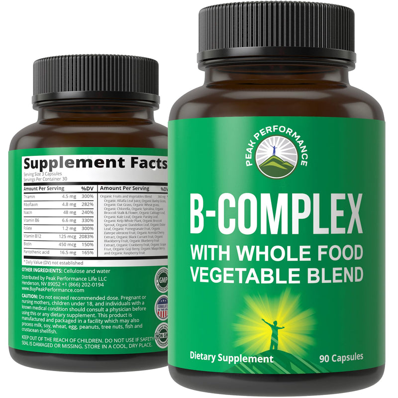 Peak Performance Vegan B-Complex Vitamin Supplements + Whole Food Blend of | 25 Vegetables & Fruits for Max Absorption. B Complex with Vitamins B1, B2, B3, B5, B6, B7, B9, B12. 90 Capsules. Energy Boost