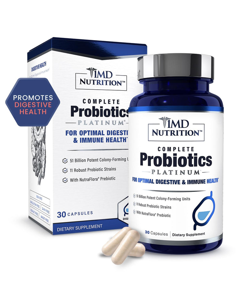 [Australia] - 1MD Nutrition Complete Probiotics Platinum - w/Prebiotics and Probiotics for Digestive Health - Probiotic Supplement for Women & Men - More Than 50 Billion Live CFU 11 Strains Dairy-Free - 30 Caps 30 Count (Pack of 1) 