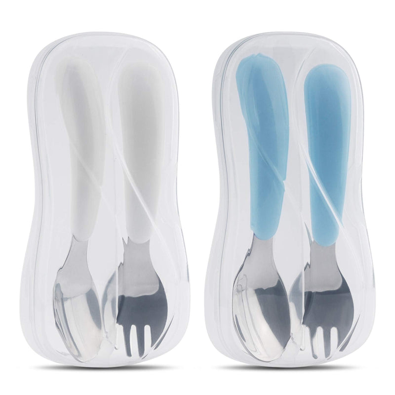 [Australia] - Kirecoo 2 Set Toddler Utensils, Toddler Forks and Spoons, Stainless Steel Toddler Silverware Set, Designed for Self Feeding Flatware Set with Travel Carrying Cases BPA Free (White & Aqua) White & Aqua 