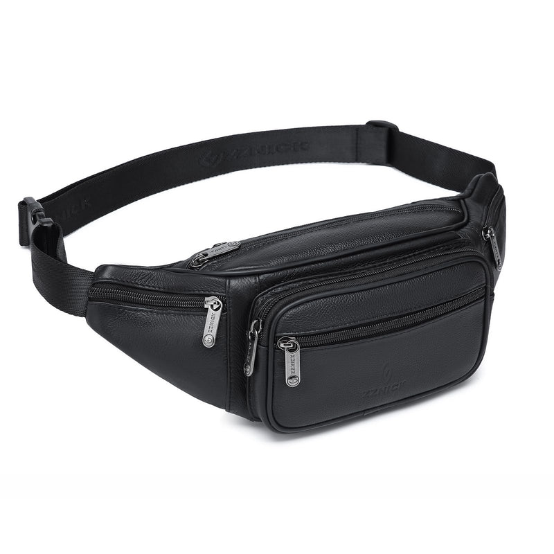 Genuine Leather Fanny Pack/Waist Bag/Organizer with Adjustable Belt, Multiple Pockets For Men and Women Black-861 Medium