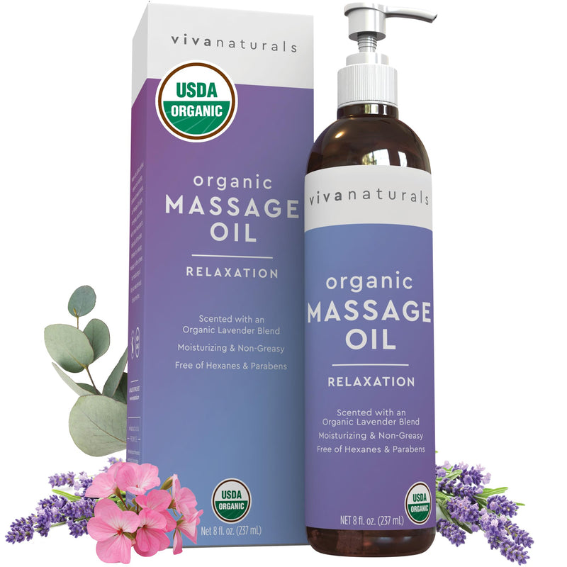 [Australia] - Viva Naturals Organic Massage Oil (8 fl. oz.) - Lavender Scented Relaxing Body Massage Oil for Massage Therapy - Perfect for Home Use & Professional Massages - Non-Greasy and Non-Sticky Formula 