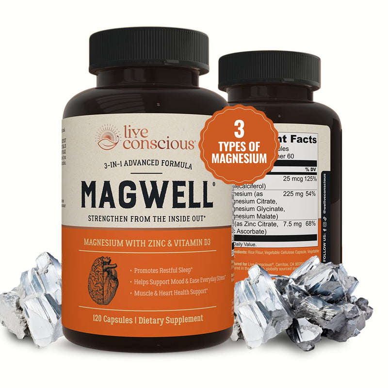 Live Conscious Magwell Magnesium Zinc & Vitamin D3 - Magnesium Glycinate, Malate, & Citrate - Triple Supplement for Women & Men - for Sleep, Bone, Heart, Immune Support - 120 Caps 120 Count (Pack of 1)