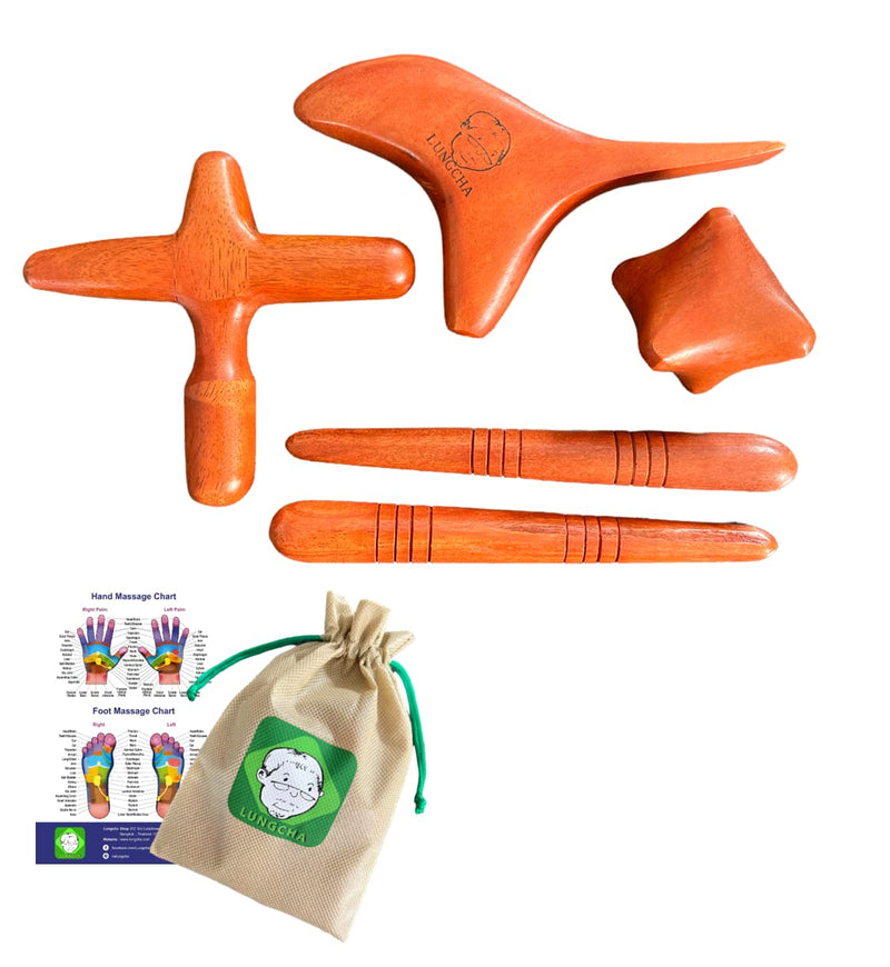 [Australia] - Lungcha 4 Types, 5 Piece Set Traditional Thai Massage Reflexology Wooden Stick Tool (Set of 4 Types Body Hand Foot Massage) 
