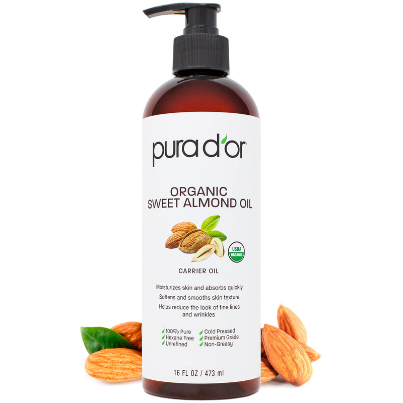 [Australia] - PURA D'OR 100% Pure 16Oz Organic Sweet Almond Oil - USDA Certified Massage Oil For Massage Therapy - Hexane Free Cold Pressed Body Oil After Shower - DIY Facial, Skin, & Stretch Mark Oil 