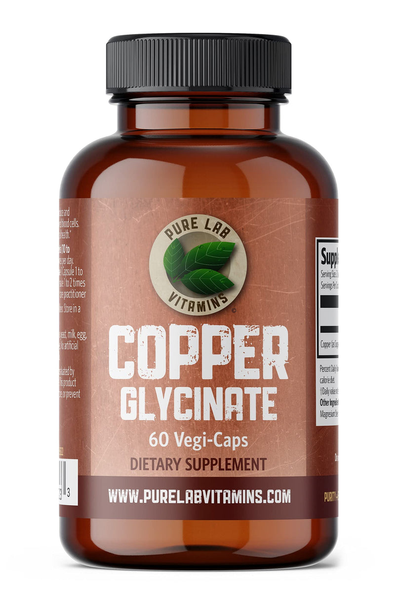 [Australia] - Pure Lab Vitamins Copper Glycinate Mineral Supplement -1 mg - 60 Vegan Caps Essential for Collagen Production, Supports Immune System & Red Blood Cell Formation - Gluten Free Made in Canada 