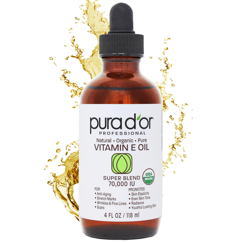 [Australia] - PURA D'OR 4 Oz ORGANIC Vitamin E Oil Blend 70,000 IU - 100% Natural Hexane Free, Sweet Almond, Apricot, Jojoba, Argan, Rosehip, Sunflower & Avocado Bath Oil For Scars, Skin, Face & Full Body 