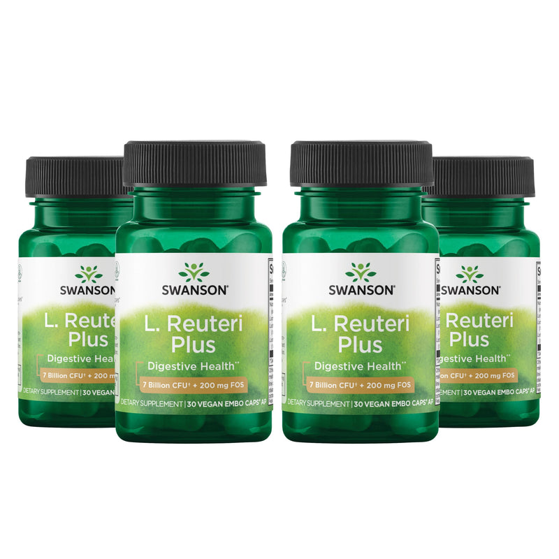 Swanson L. Reuteri Probiotic Plus, 7 Billion CFU, 30 Vegan Capsules, 4 Pack | With Lactobacillus Rhamnosus, Acidophilus, and FOS Prebiotic for Gut-Health-Conscious Adults, Full-Spectrum Support 30 Count (Pack of 4)