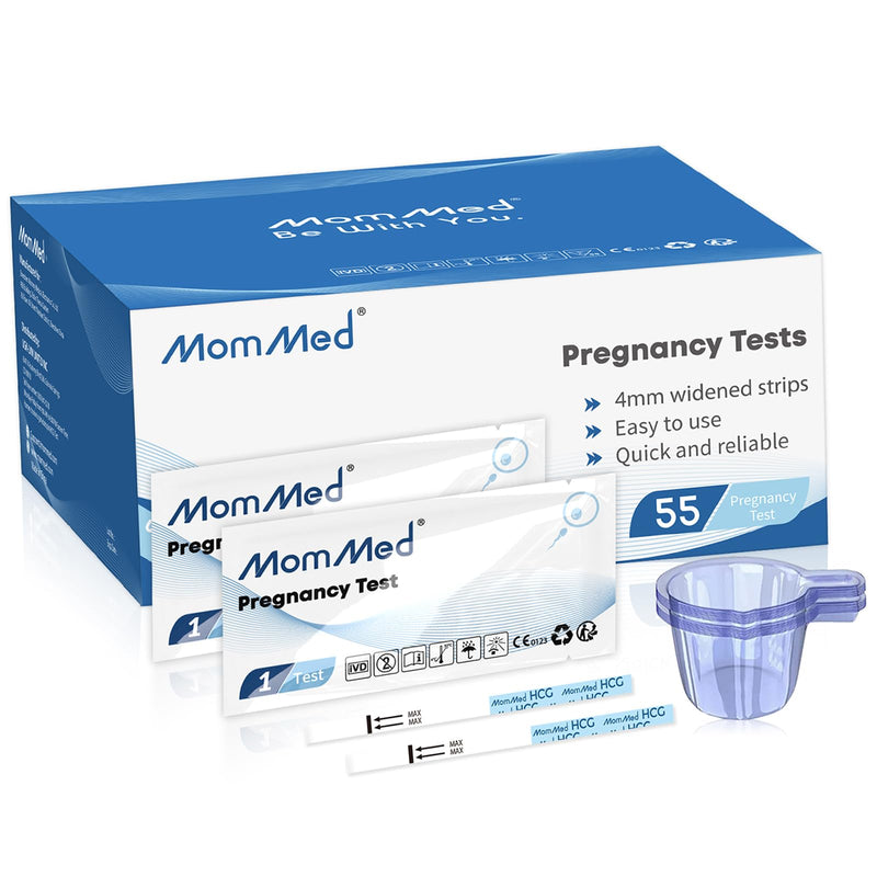 [Australia] - MomMed Pregnancy Test, 55 HCG Pregnancy Test Strips for Early Detection, Over 99% Accurate, 55 Free Urine Cups, Bulk Pregnancy Tests for Home Use, Pruebas de Embarazo 55 Count (Pack of 1) 