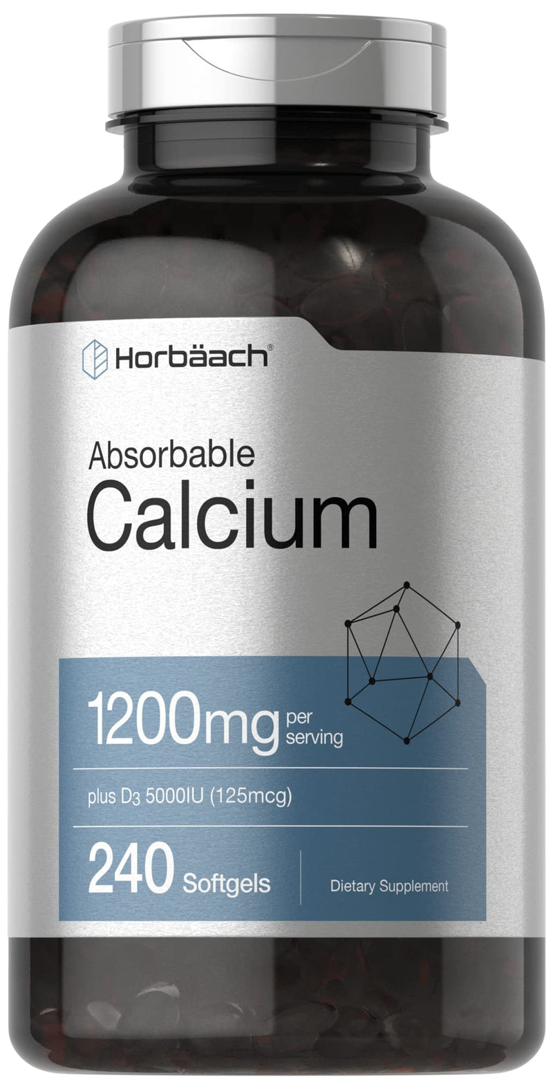 Horbäach Calcium 1200 mg with Vitamin D3 | 240 Softgels | 5000IU Vitamin D3 | Absorbable Calcium Supplement for Women and Men | Non-GMO, Gluten Free 240 Count (Pack of 1)