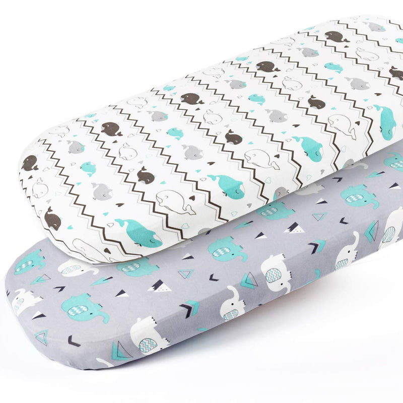 [Australia] - Stretch Fitted Bassinet Sheet Set BROLEX 2 Pack Cradle Sheets for Bassinet Pad/Mattress,Unisex Boys Girls,Ultra Soft,Elephant & Whale Grey Teal 