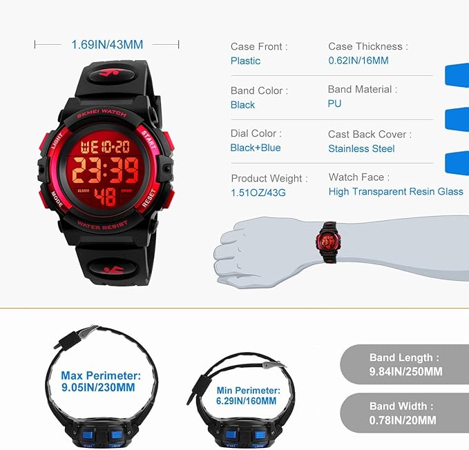 [Australia] - Kids Digital Sport Waterproof Watch for Girls Boys, Kid Sports Outdoor LED Electrical Watches with Luminous Alarm Stopwatch Child Wristwatch Red 