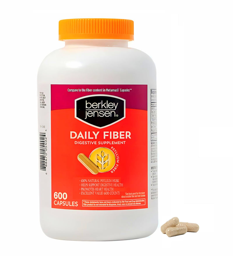 [Australia] - Berkley Jensen Daily Psyllium Husk Supplement (600 - Count), Natural Fiber for Men & Women - Fiber Capsules for Overall Digestive Health, Easing Constipation, Aiding Nutrient Absorption (Pack of 1) 